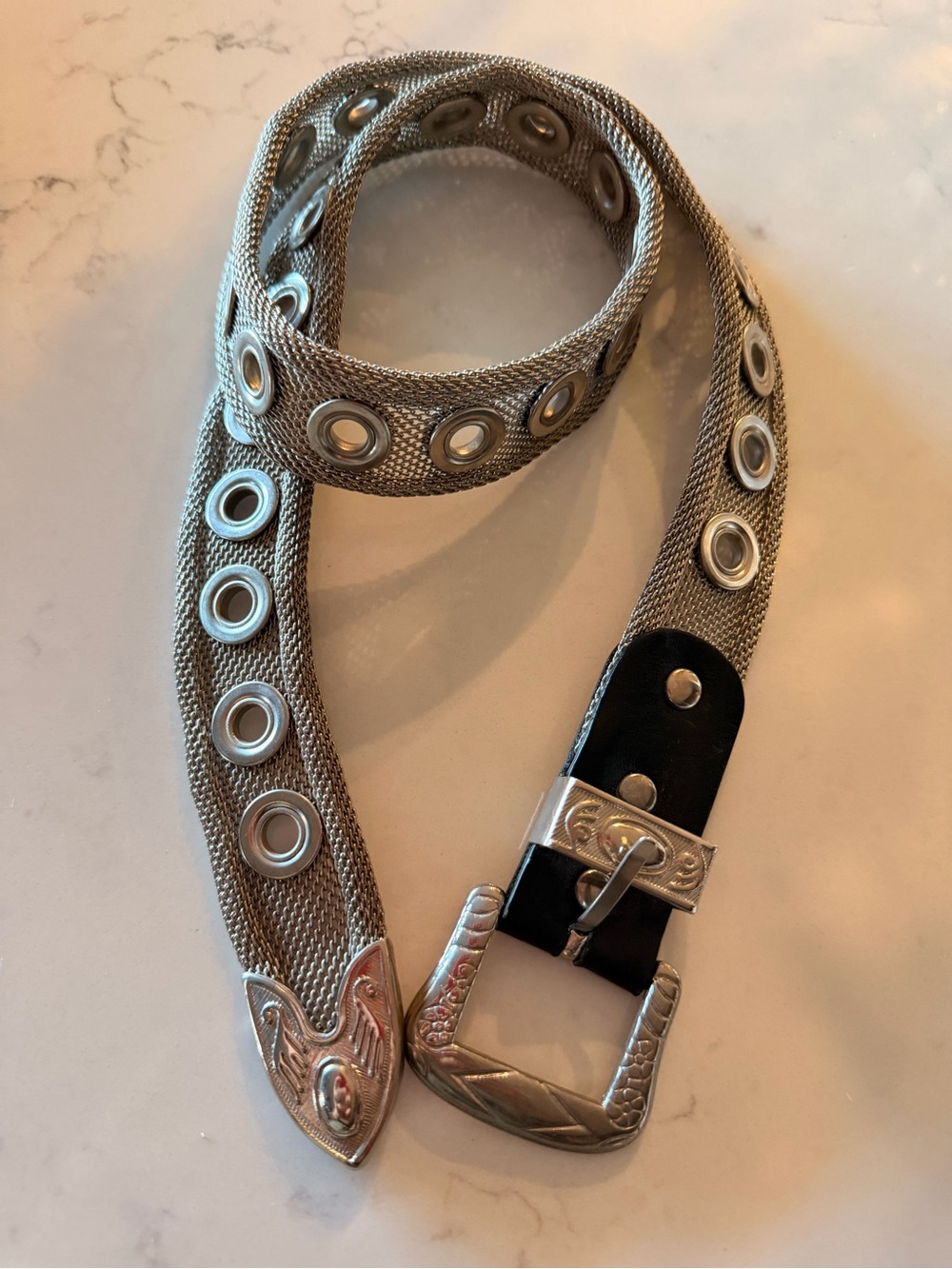 Express Vintage Silver Mesh Grommet Belt with Decorative Buckle